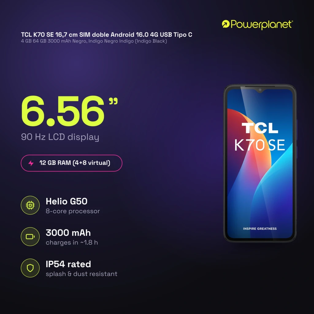 TCL K70 SE 4G negro índigo con pantalla LCD de 6.56 pulgadas a 90 Hz, notch en V y marcos delgados; iconos destacan Helio G50, 3000 mAh e IP54