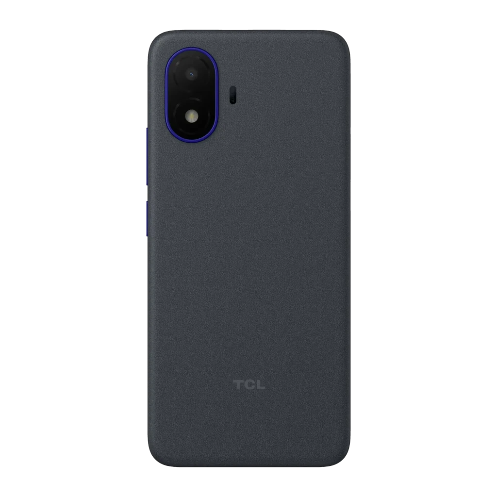 TCL K70 SE Negro Indigo con tapa trasera texturizada, módulo dual de cámara vertical con flash y aro azul, logo TCL discreto y botones laterales azules