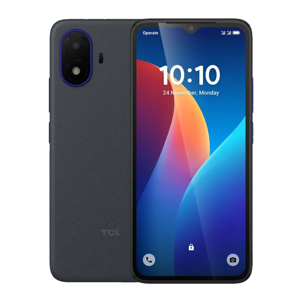 TCL K70 SE 4G 64GB Negro Indigo con pantalla amplia de bordes finos, notch en V, doble cámara trasera con aro azul y carcasa mate antideslizante 4GB RAM