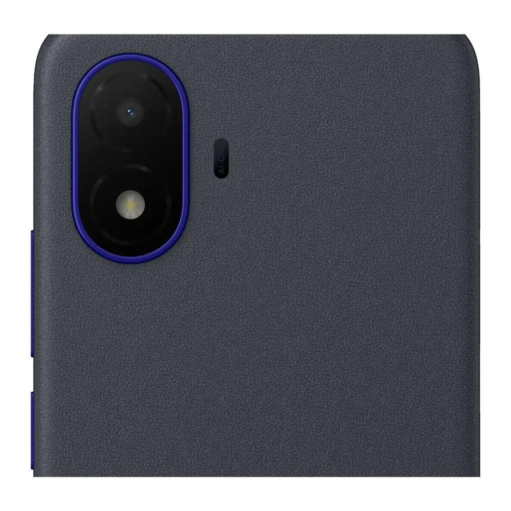 Cámara trasera dual con aro azul en panel Negro Indigo texturizado del TCL K70 SE 4G, flash LED lateral y botones azules en el borde