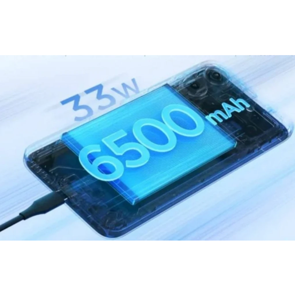 Batería de 6500 mAh con carga rápida 33W destacada en el TCL K70 Power 4G Azul Nebulosa, mostrando el módulo interno y conexión por cable