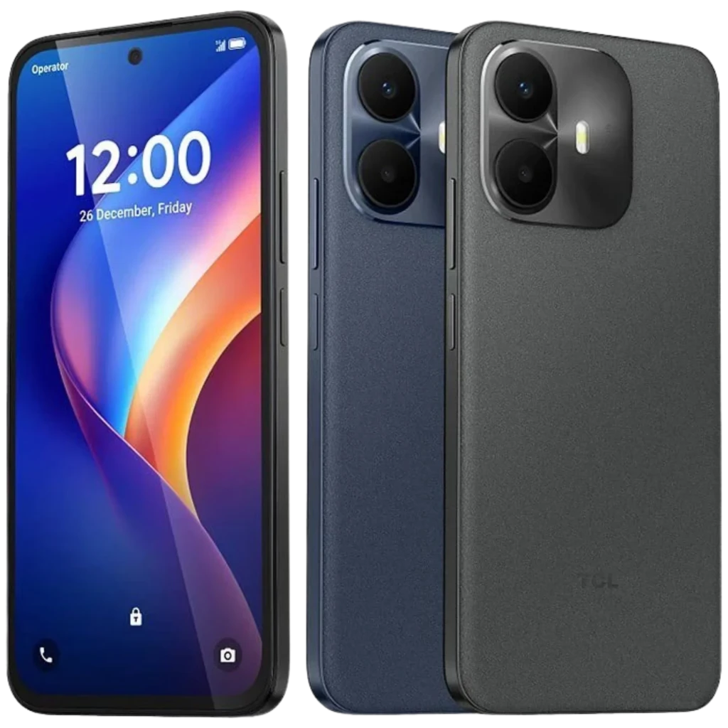 TCL K70 Power 4G azul nebulosa con pantalla amplia perforada, doble cámara trasera en módulo ovalado, bordes planos y batería 6500 mAh