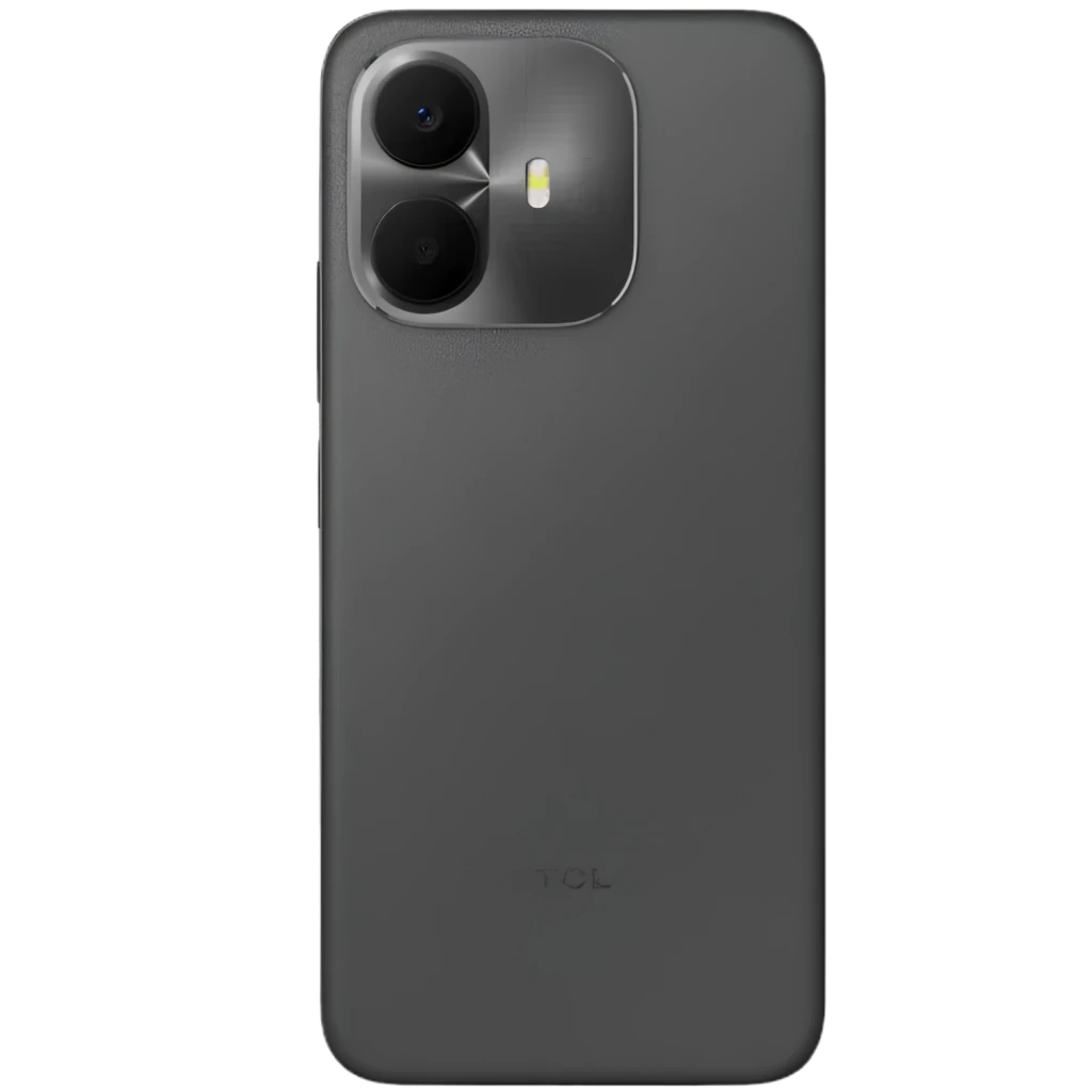 TCL K70 Power 4G gris con tapa trasera mate y módulo de cámara rectangular con doble lente grande y flash LED; diseño minimalista y bordes curvos