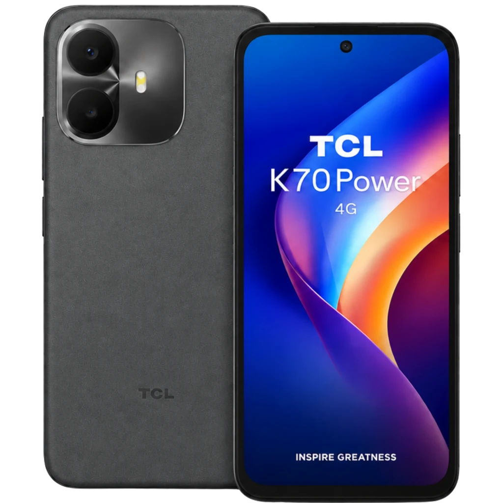 TCL K70 Power 4G gris con pantalla perforada, bordes delgados y doble cámara trasera en módulo grande; logo TCL discreto y acabado mate elegante