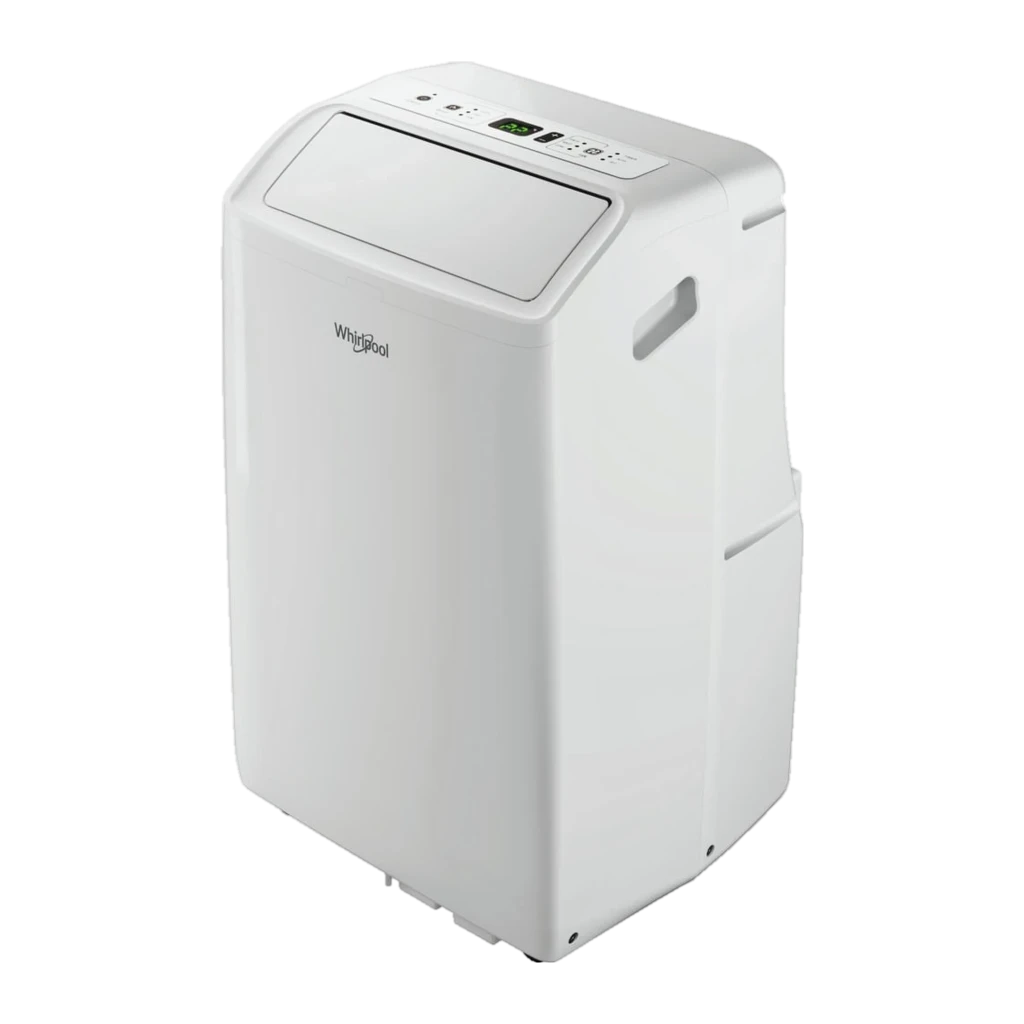 Whirlpool PACF212CO W aire acondicionado portátil blanco, panel superior con pantalla LED y botones, asas laterales, ruedas y diseño compacto para 20 m²