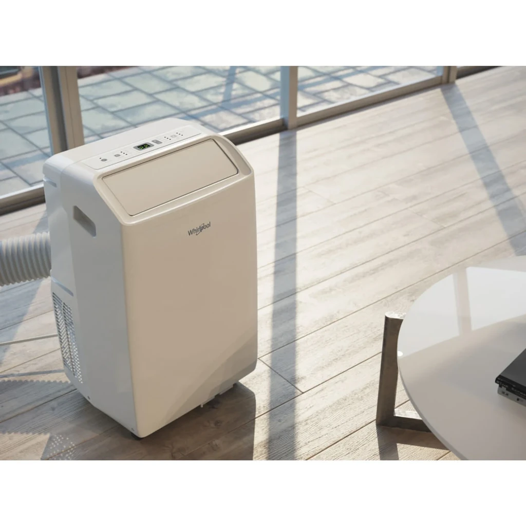 Aire acondicionado portátil Whirlpool PACF212CO W blanco, compacto con panel superior e indicador LED, rejillas frontales y manguera de salida para ventana
