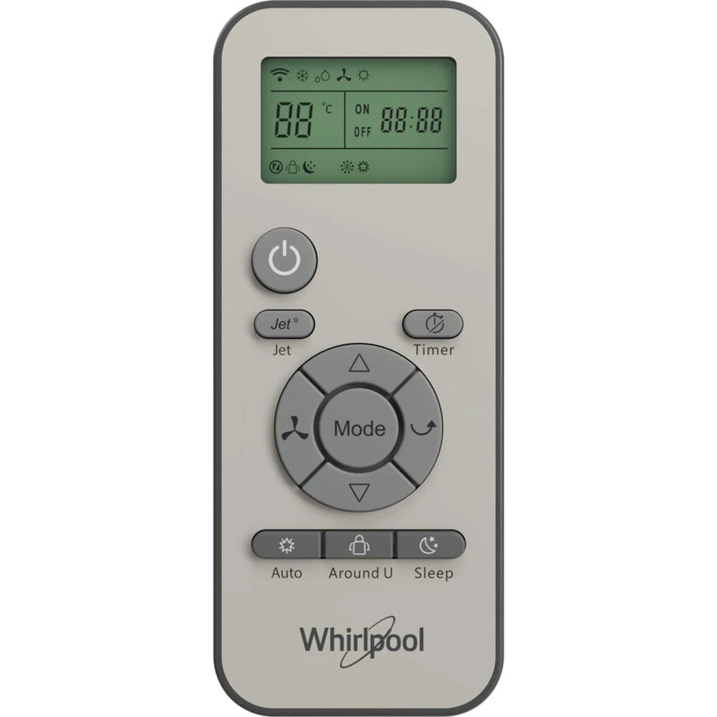 Control remoto Whirlpool PACF212CO W blanco con pantalla LCD, botones de encendido, Jet, Timer, Mode y flechas direccionales; diseño compacto y ergonómico