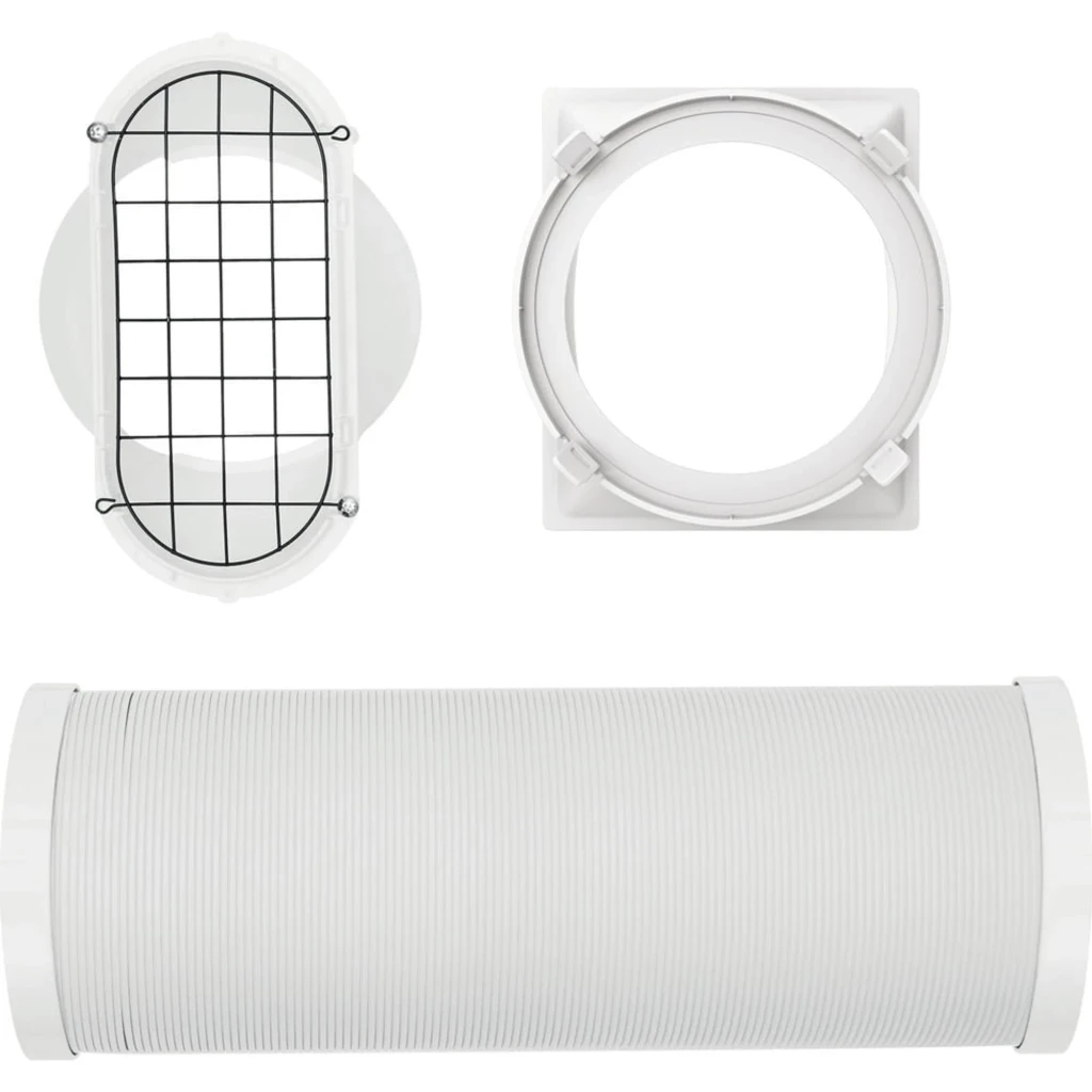 Kit de instalación para aire acondicionado portátil Whirlpool blanco: manguera flexible acanalada, rejilla oval con malla y adaptador circular de montaje
