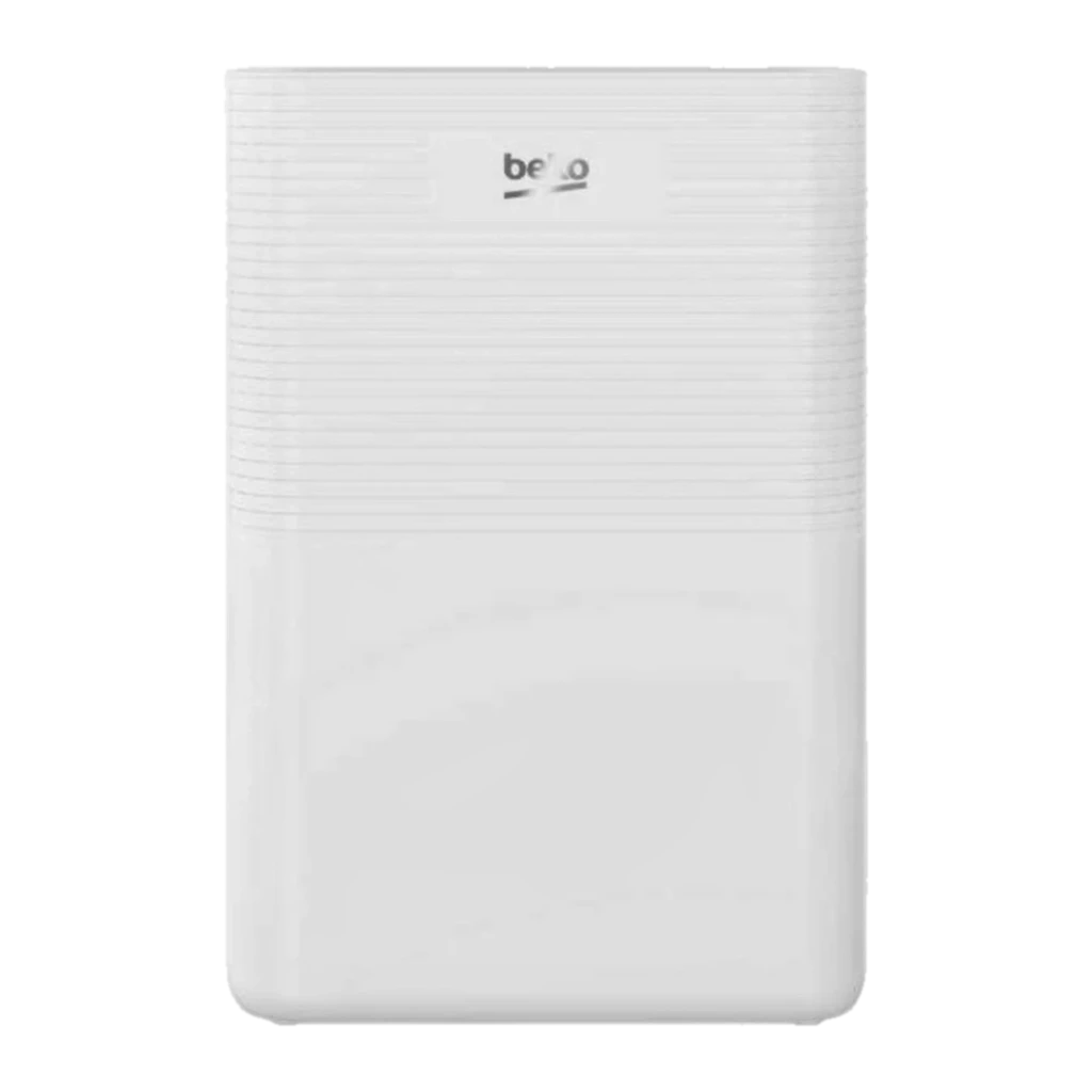 BDP010 Beko deshumidificador blanco, diseño minimalista con rejillas superiores y depósito frontal integrado de 2,2 L, compacto para estancias medianas