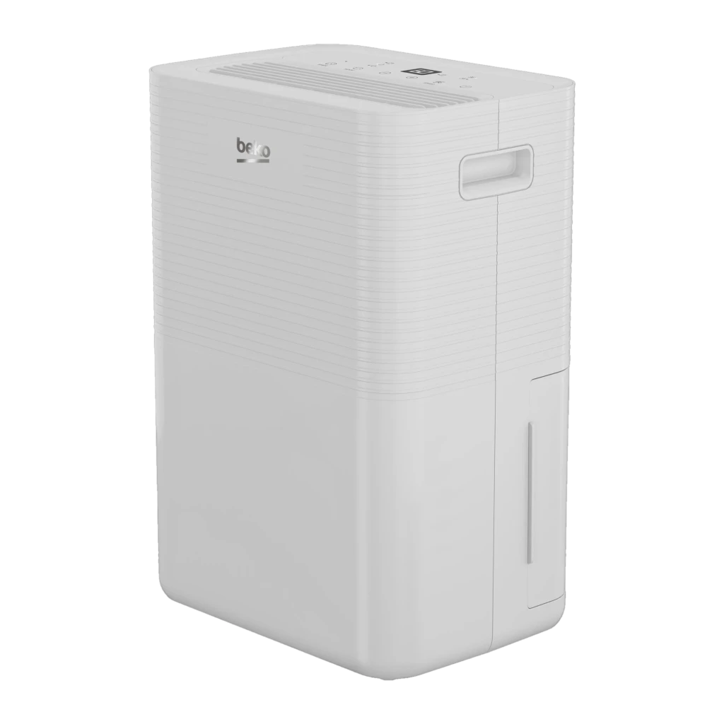 Deshumidificador Beko blanco con depósito extraíble frontal, rejillas superiores, panel de control superior y asas laterales integradas; diseño rectangular