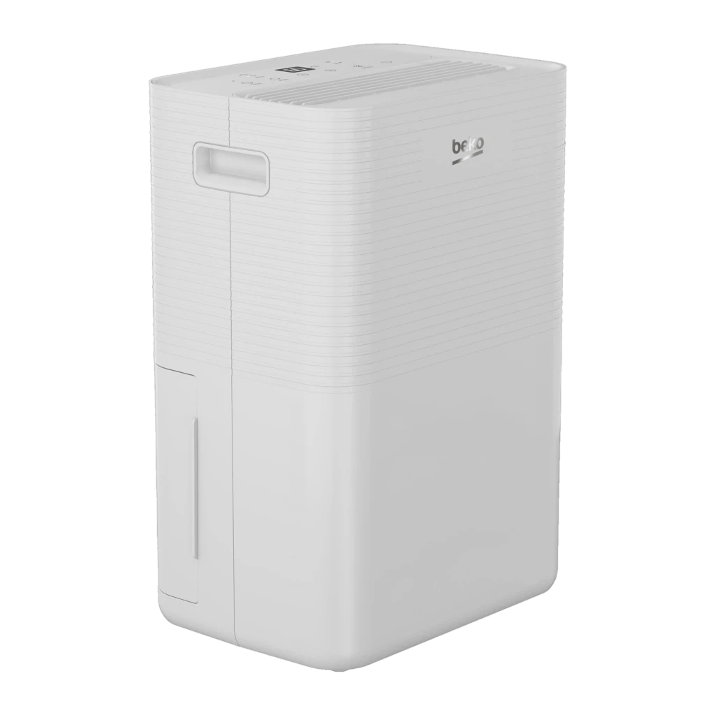 BDP010 Beko deshumidificador blanco minimalista con depósito frontal y asa lateral, panel superior con rejillas y controles, diseño rectangular compacto