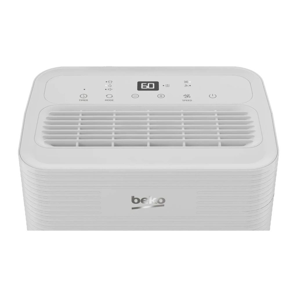BDP010 Beko Blanco: panel superior con display digital 60, botones táctiles, rejilla frontal amplia y acabado blanco minimalista en deshumidificador compacto