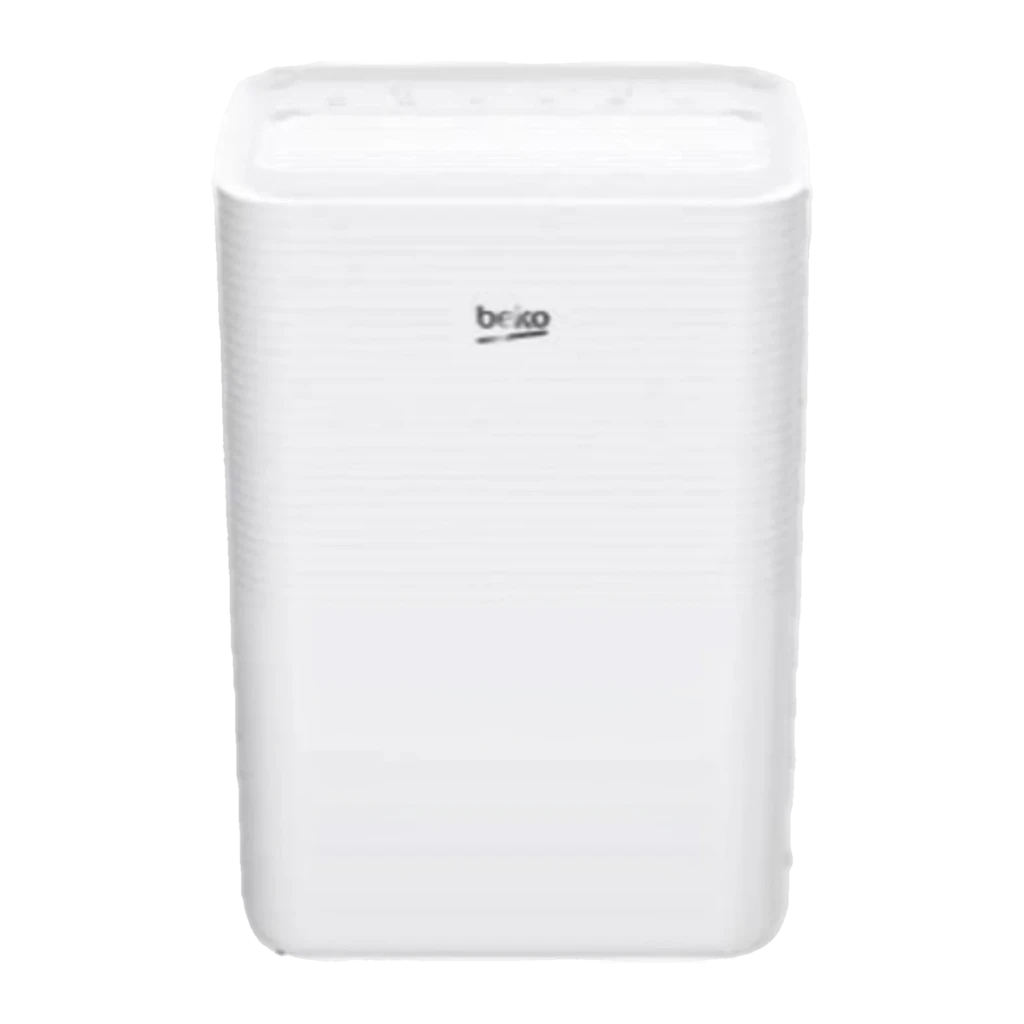 BDP010 Beko deshumidificador blanco compacto con panel superior táctil y rejilla frontal, diseño minimalista y depósito integrado de 2,2 L
