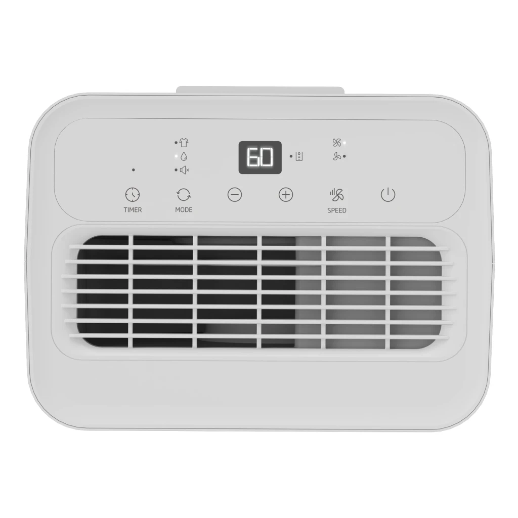 BDP010 Beko deshumidificador blanco con panel superior digital, rejilla frontal amplia, botones táctiles de temporizador, modo y velocidad, diseño compacto