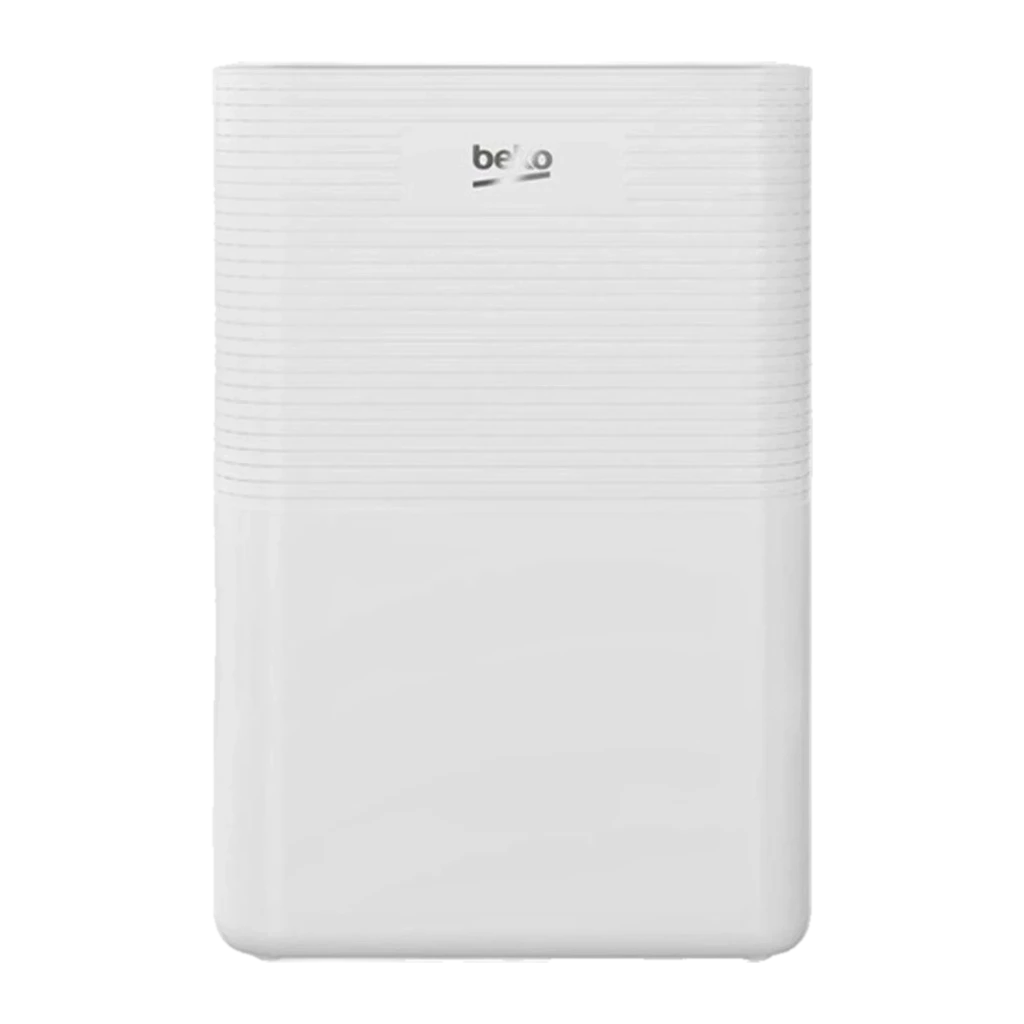 BDP016 Beko deshumidificador blanco compacto con panel superior estriado y logo frontal, diseño minimalista rectangular y depósito integrado delantero