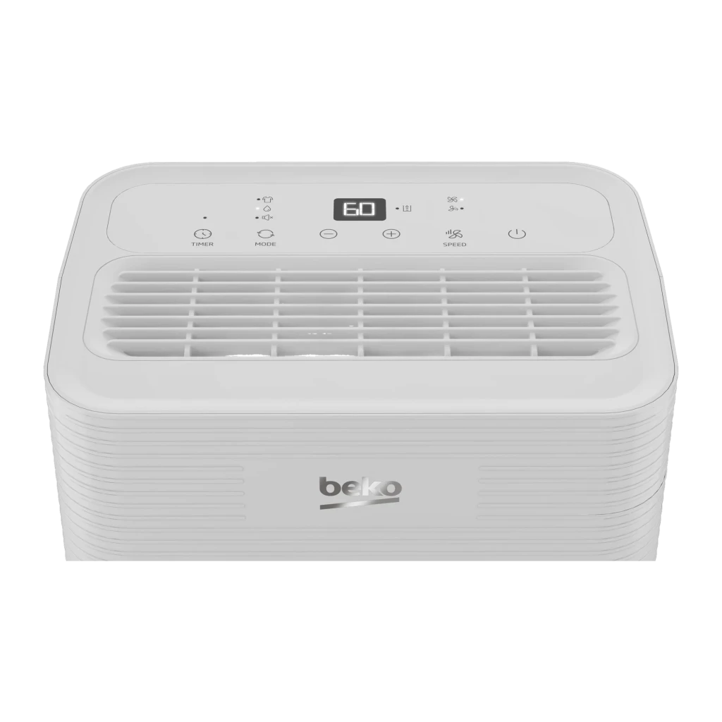 BDP016 Beko Blanco deshumidificador compacto con panel digital, rejilla frontal, botones táctiles y display 60, depósito 2L, diseño moderno para 40 m²