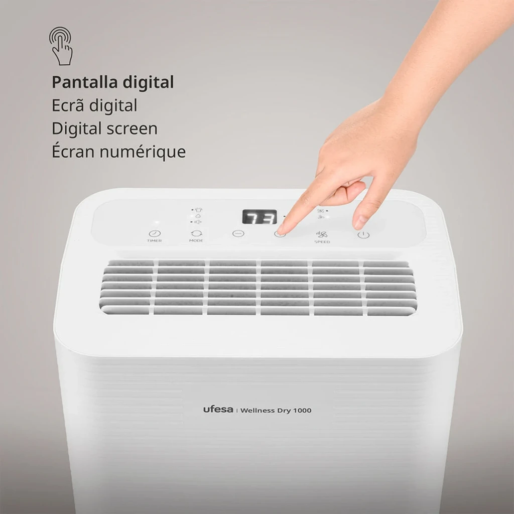 BDP016 Beko blanco con pantalla digital superior, rejilla de ventilación frontal y controles táctiles; diseño compacto, depósito integrado y temporizador