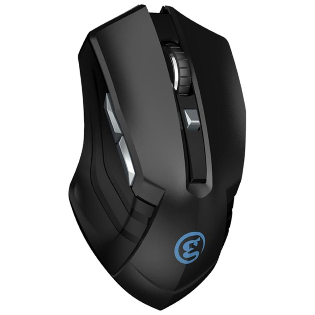 Ratón gaming negro con diseño ergonómico, rueda de desplazamiento texturizada, botones laterales y logo iluminado azul compatible con Gamesir Z2 Bluetooth