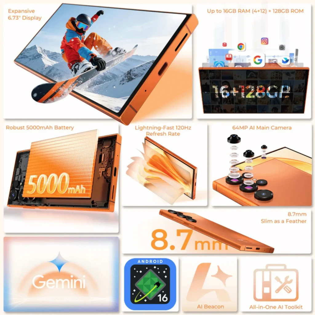Oukitel C67 Negro 256GB 120Hz NFC 6GB RAM con pantalla 6.73, cámara 64MP, batería 5000 mAh, grosor 8.7 mm y diseño delgado en color negro brillante
