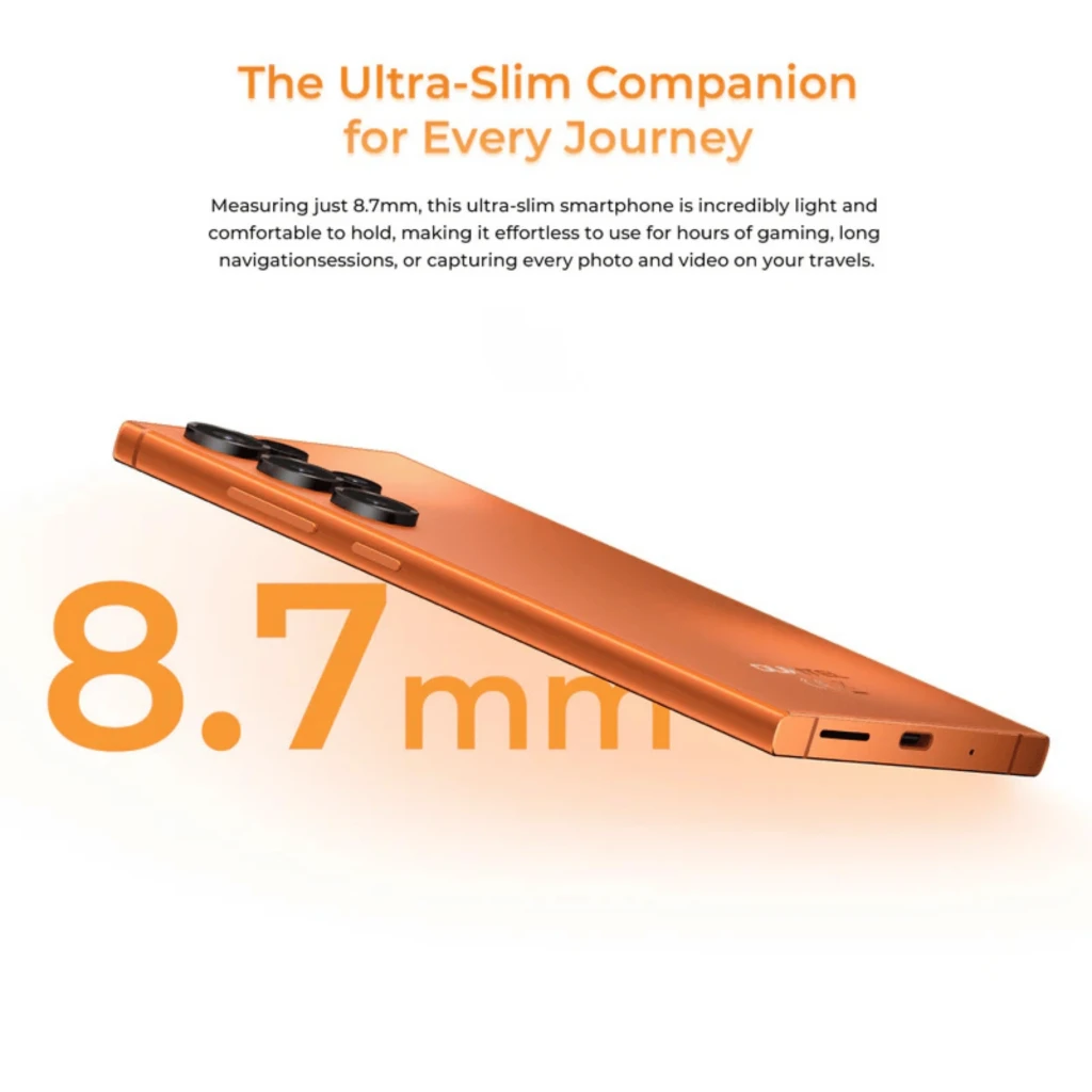 Oukitel C67 Negro 256GB 120Hz NFC 6GB RAM con diseño ultradelgado de 8.7 mm, cuerpo naranja mate, tres cámaras traseras y puertos laterales visibles