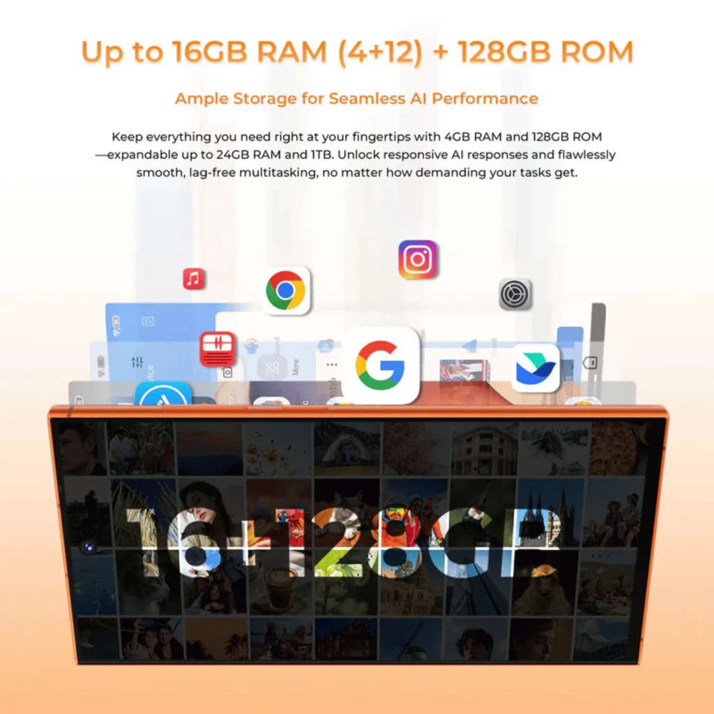 Oukitel C67 Negro 256GB 120Hz NFC 6GB RAM con pantalla amplia sin biseles, interfaz Android con apps abiertas y texto destacando hasta 16GB RAM y 128GB ROM