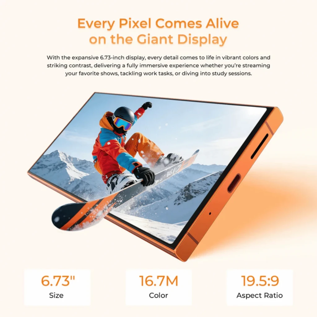 Oukitel C67 Negro 256GB 120Hz NFC 6GB RAM con gran pantalla 6.73 pulgadas, colores vivos 16.7M y formato 19.5:9, bordes finos y cuerpo naranja elegante