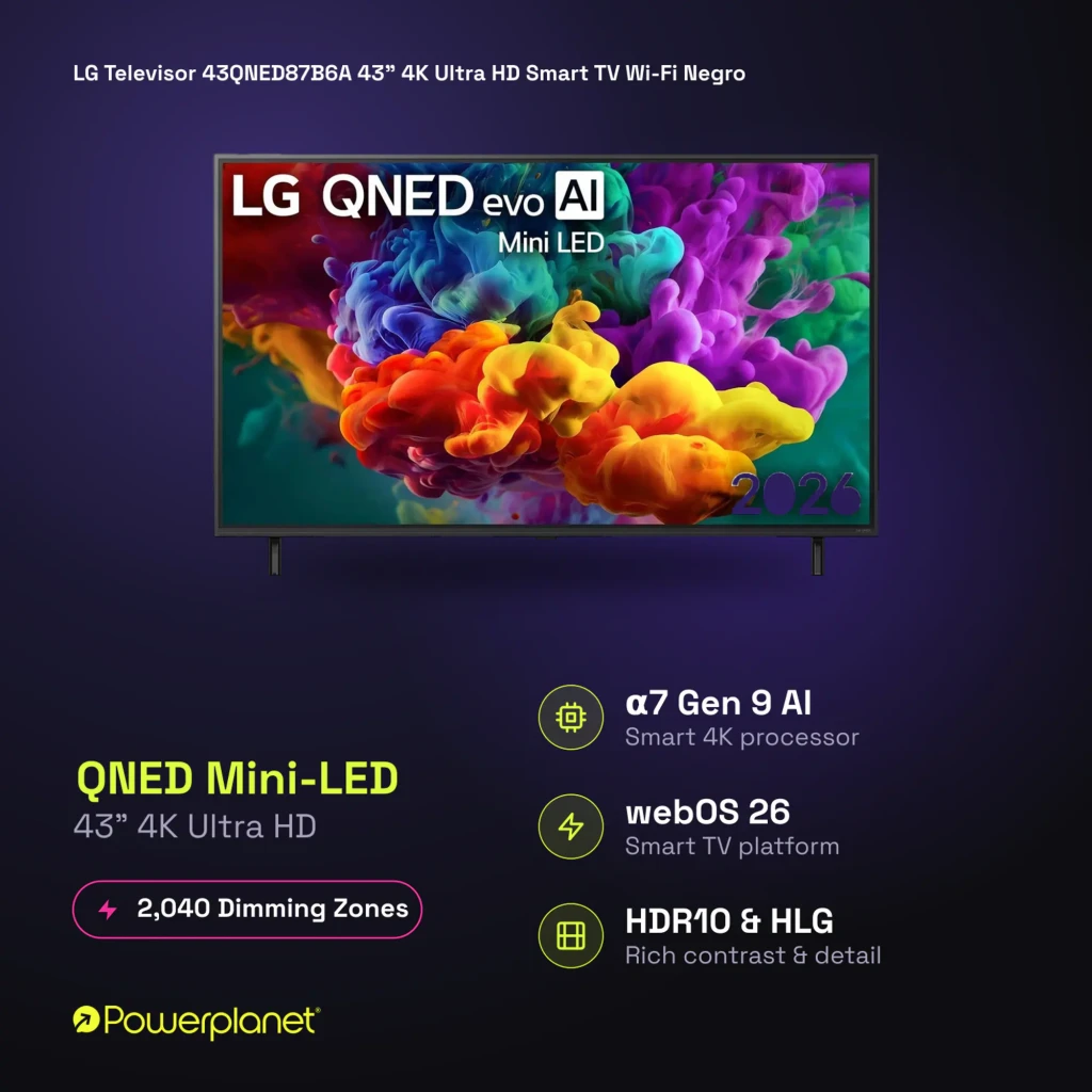 LG 43QNED87B6A 43 QNED MiniLED 4K com cores vivas, alto contraste, zonas de escurecimento locais, HDR10 e HLG, design fino e bordas estreitas