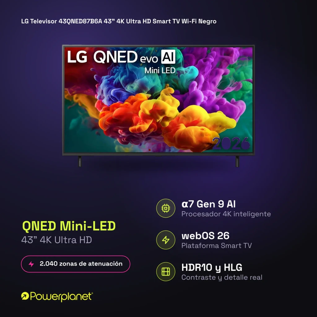 LG 43QNED87B6A 43 QNED MiniLED 4K com cores vivas, pretos profundos e 2.040 zonas de atenuação; HDR10 e HLG; webOS 26; processador α7 Gen 9 AI