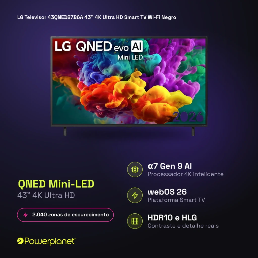 LG 43QNED87B6A 43 QNED MiniLED 4K com painel fino, bordas estreitas, cores vivas e contraste profundo; HDR10 e HLG, webOS 26, α7 Gen 9 AI