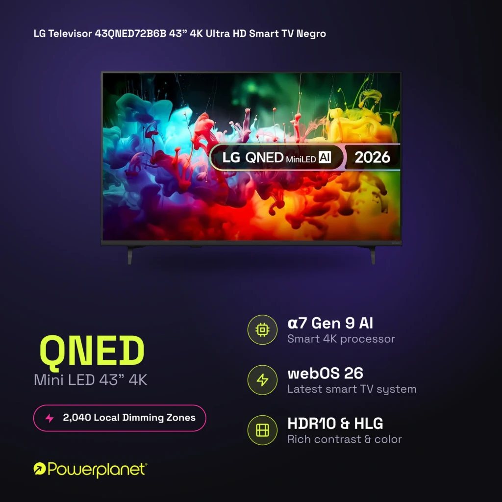 LG QNED 43QNED72B6B 43 pol Mini LED 4K com 2.040 zonas de escurecimento local, HDR10 e HLG, processador α7 Gen 9 AI e webOS 26, cores vivas e alto contraste