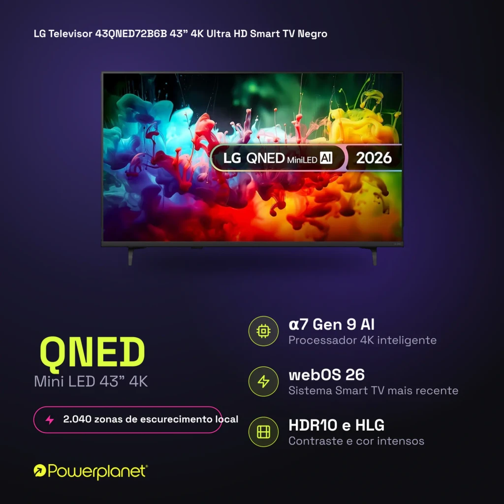 LG QNED 43QNED72B6B 43 Mini LED 4K com 2.040 zonas de escurecimento local, HDR10 e HLG, processador α7 Gen 9 AI e webOS 26, cores vibrantes e alto contraste
