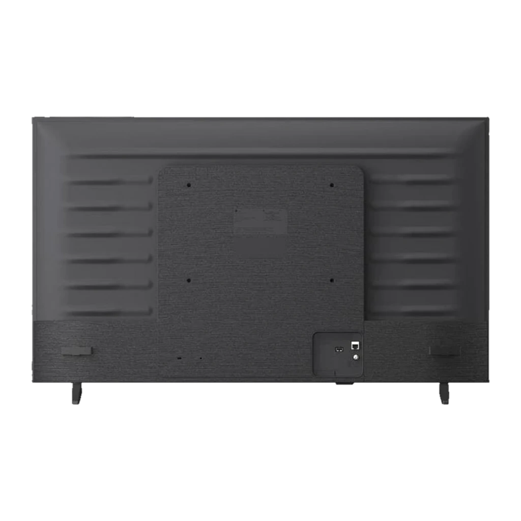 Parte traseira da TV LG QNED 50QNED72B6B 50": acabamento preto texturizado, grelhas de ventilação, suporte central, porta HDMI e entrada de energia.