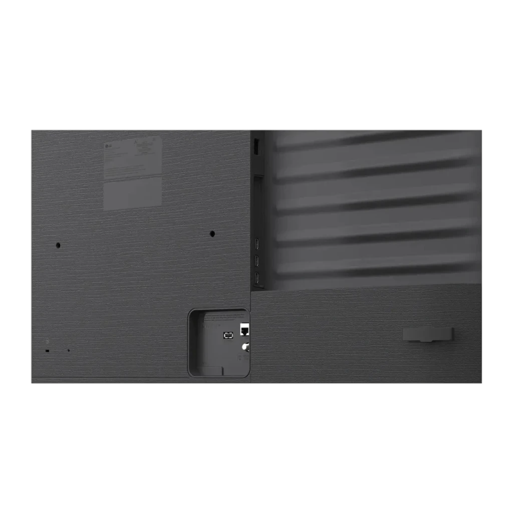Traseira da LG QNED 50QNED72B6B 50 pol com portas HDMI e USB, entrada LAN, acabamento texturizado escuro e suporte de parede integrado