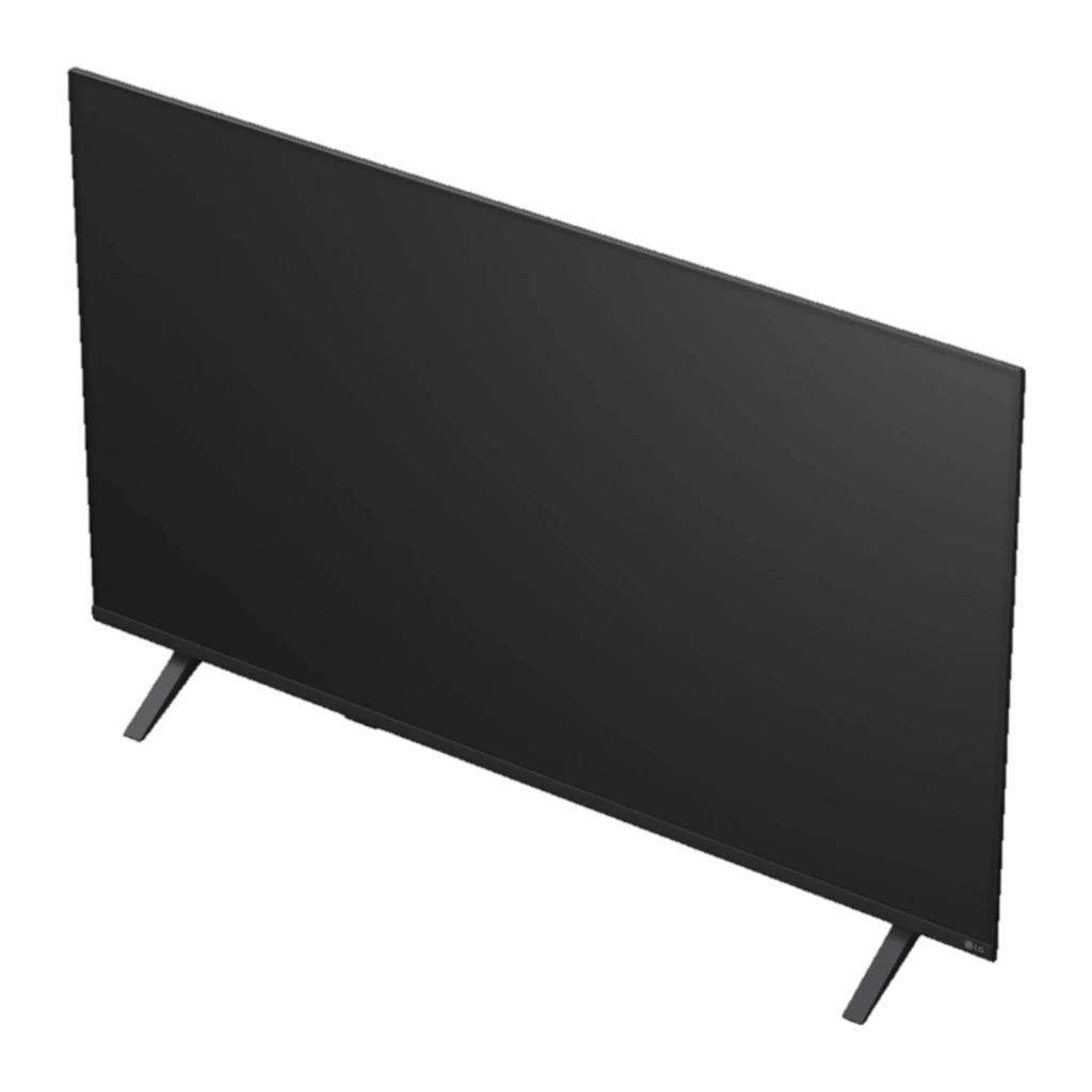 LG NanoCell 43NU850B6LA televisor 43 pulgadas 4K negro, marco delgado, pantalla plana mate, patas dobles separadas, diseño minimalista moderno
