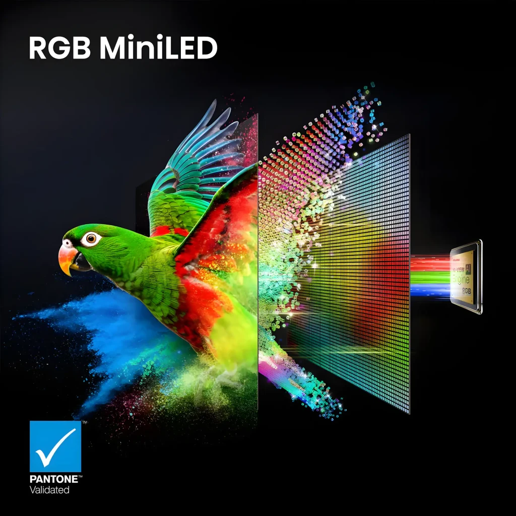 Televisor Hisense 55UR8S Mini LED 55 polegadas 4K exibe papagaio colorido com brilho intenso, matriz RGB MiniLED, alto contraste e cores validadas Pantone