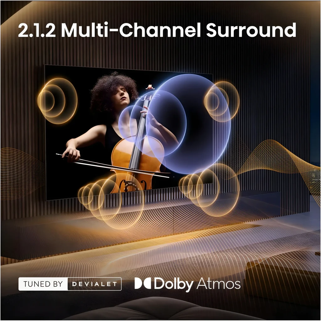 Tela de TV exibindo músico com violoncelo, gráficos de som imersivo e textos 2.1.2 Multi-Channel Surround, Tuned by Devialet e Dolby Atmos em destaque