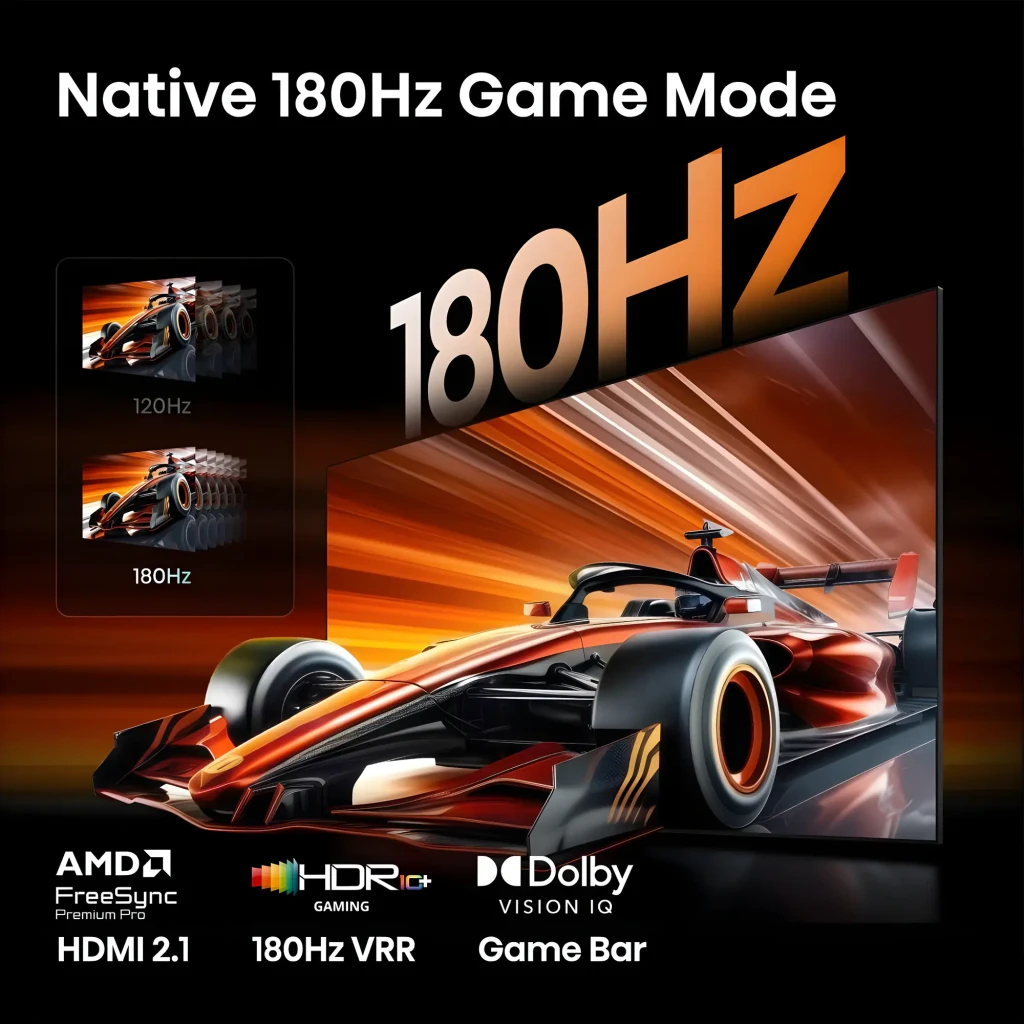 Televisor Hisense 55UR8S Mini LED 55 polegadas 4K com painel fino, imagem vibrante, modo jogo 180Hz, HDMI 2.1, AMD FreeSync, HDR10+, Dolby Vision IQ
