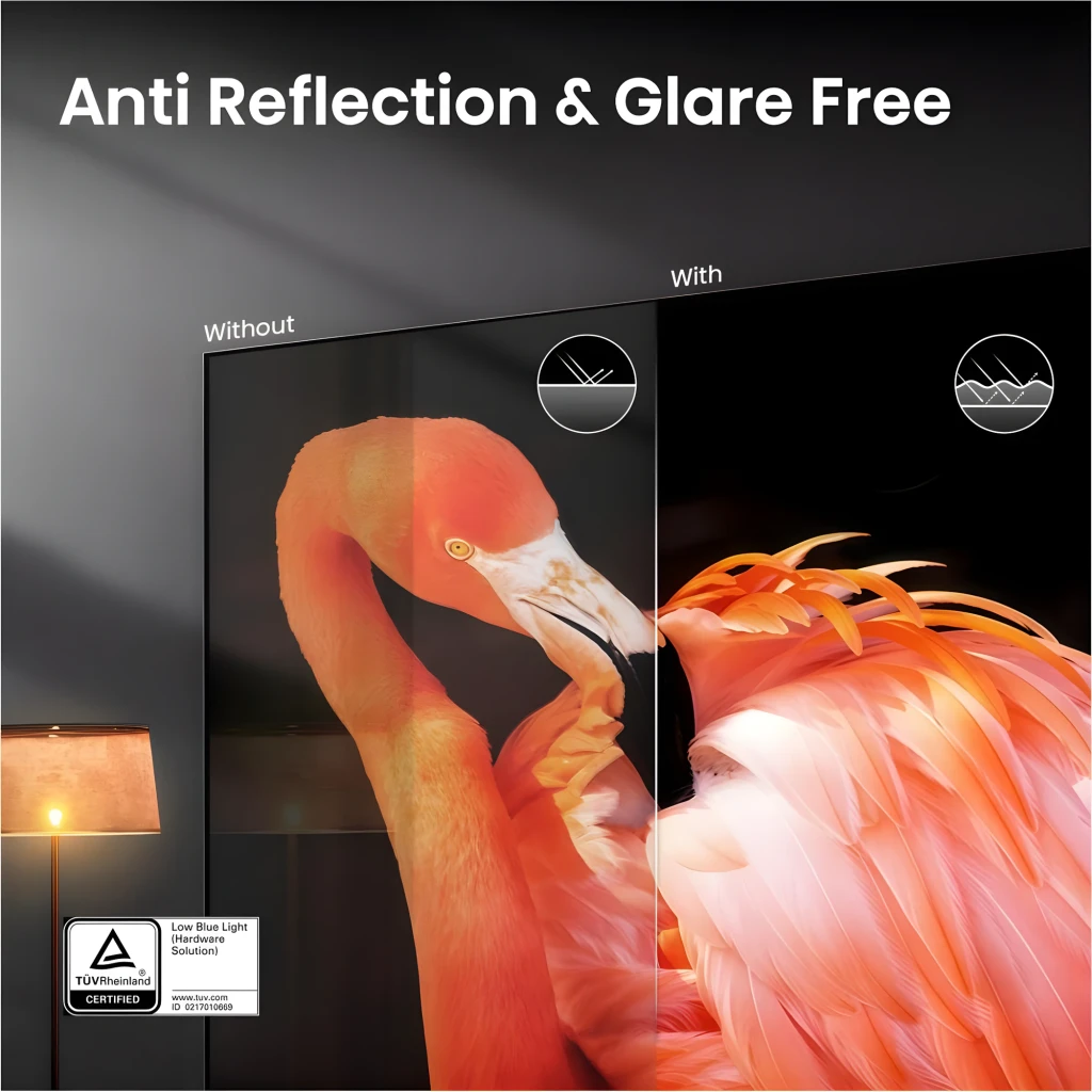 Tela Mini LED de 55 polegadas com 4K, 180Hz e HDMI 2.1; compara sem e com antirreflexo, mostrando cores vivas e reflexos reduzidos certificação low blue light