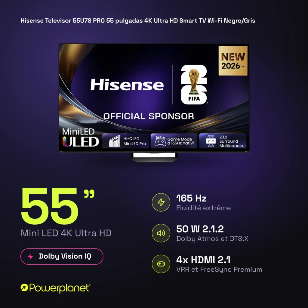 Televisor Hisense 55U7S PRO Mini LED 55 pulgadas 4K con panel ULED, 165 Hz, Dolby Vision IQ, modos juego 1440p 165 Hz y 4x HDMI 2.1 con VRR y eARC