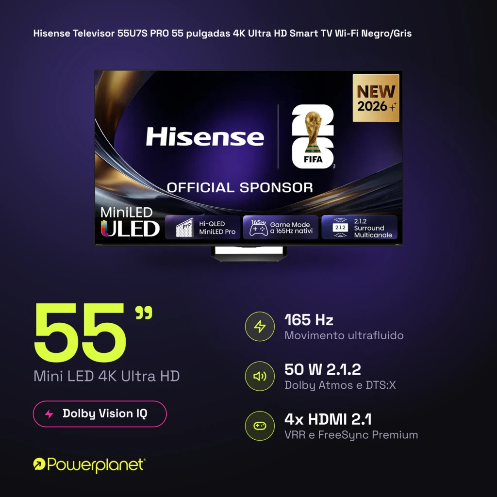 Televisor Hisense 55U7S PRO 55 pulgadas Mini LED 4K con Dolby Vision IQ, 165 Hz, biseles finos, base central metálica y logotipos de FIFA y patrocinio oficial