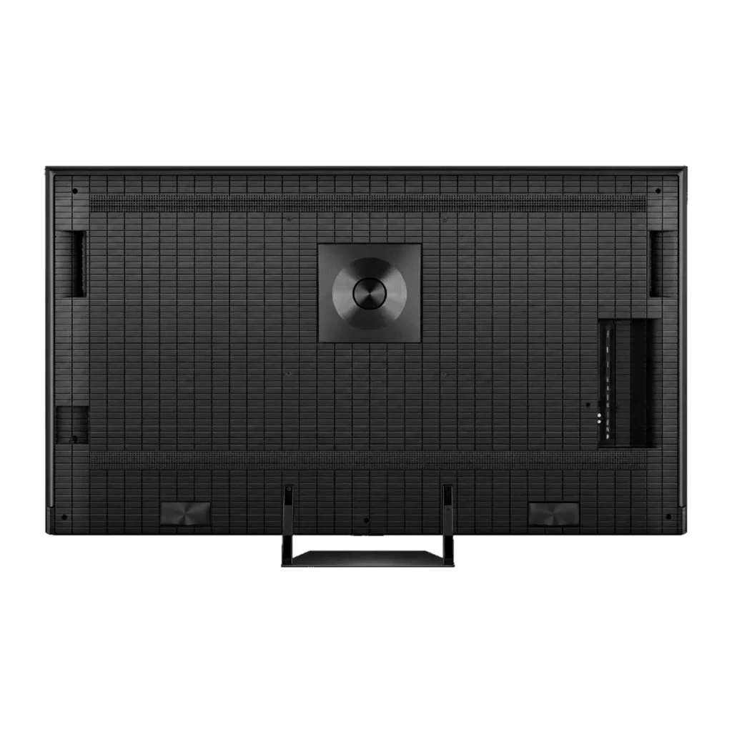 Parte trasera del Televisor Hisense 75U7S PRO Mini LED 75 pulgadas con panel texturizado, ventilación central circular y puertos laterales de fácil acceso
