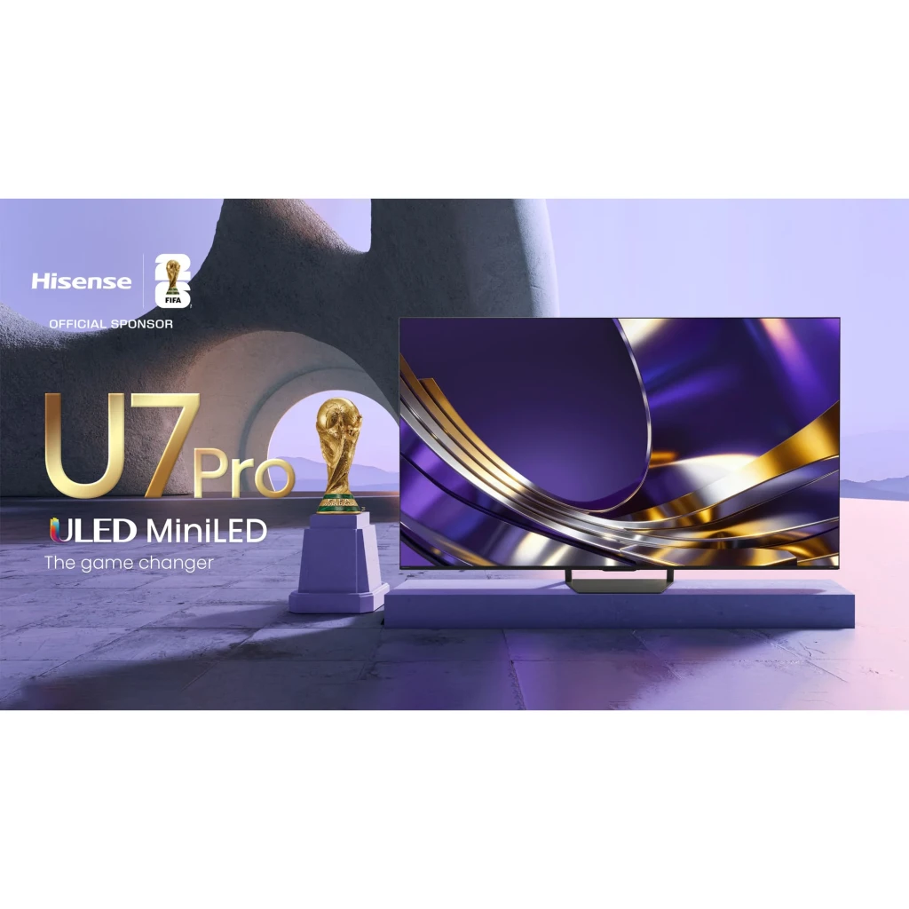 Televisor Hisense 75U7S PRO Mini LED 75 pulgadas 4K con pantalla casi sin bordes, peana central metálica y panel ULED con colores vivos y contraste profundo