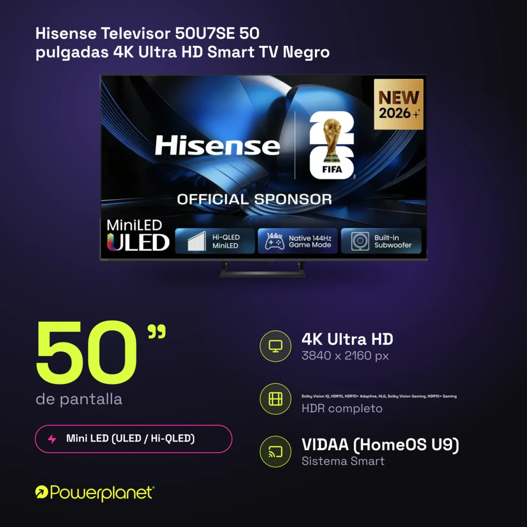 Televisor Hisense 50U7SE 50 pulgadas con pantalla 4K Mini LED, 144Hz, HDR completo, Ultra Conectividad y sistema smart VIDAA U9 en color negro
