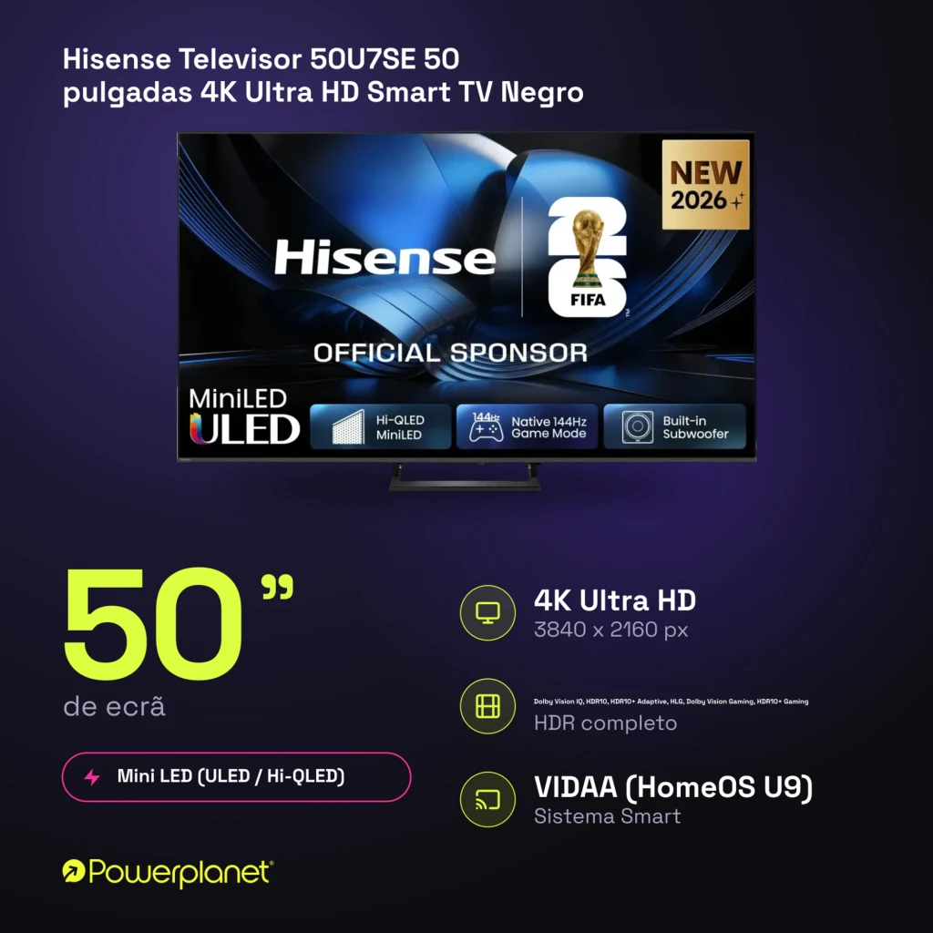 Televisor Hisense 50U7SE 50 pulgadas con panel Mini LED 4K, 144 Hz, HDR completo y sistema smart VIDAA U9, biseles finos y peana central elegante