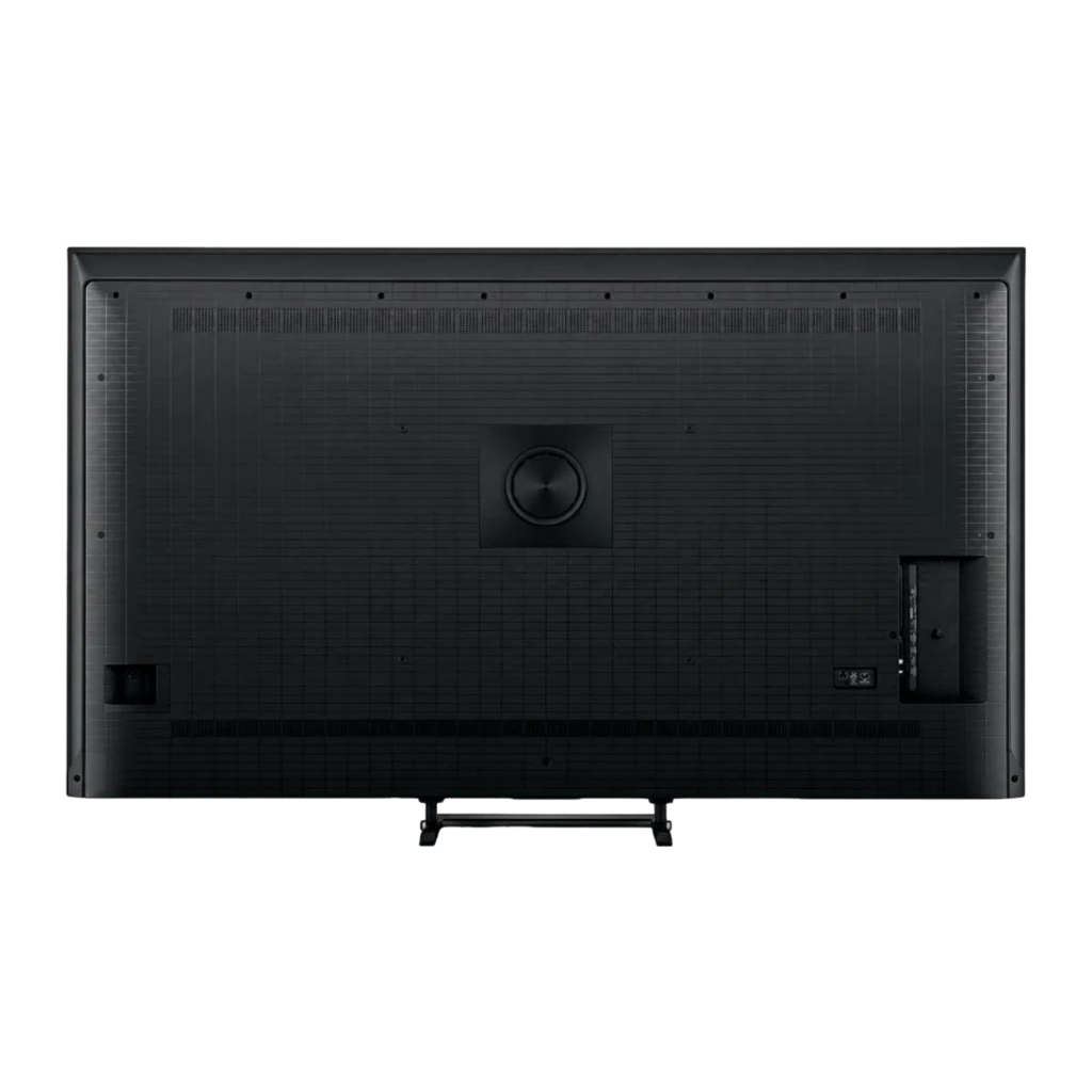Parte trasera del Televisor Hisense 65U7SE 65 pulgadas: panel negro con puertos laterales, rejillas de ventilación y soporte central desmontable