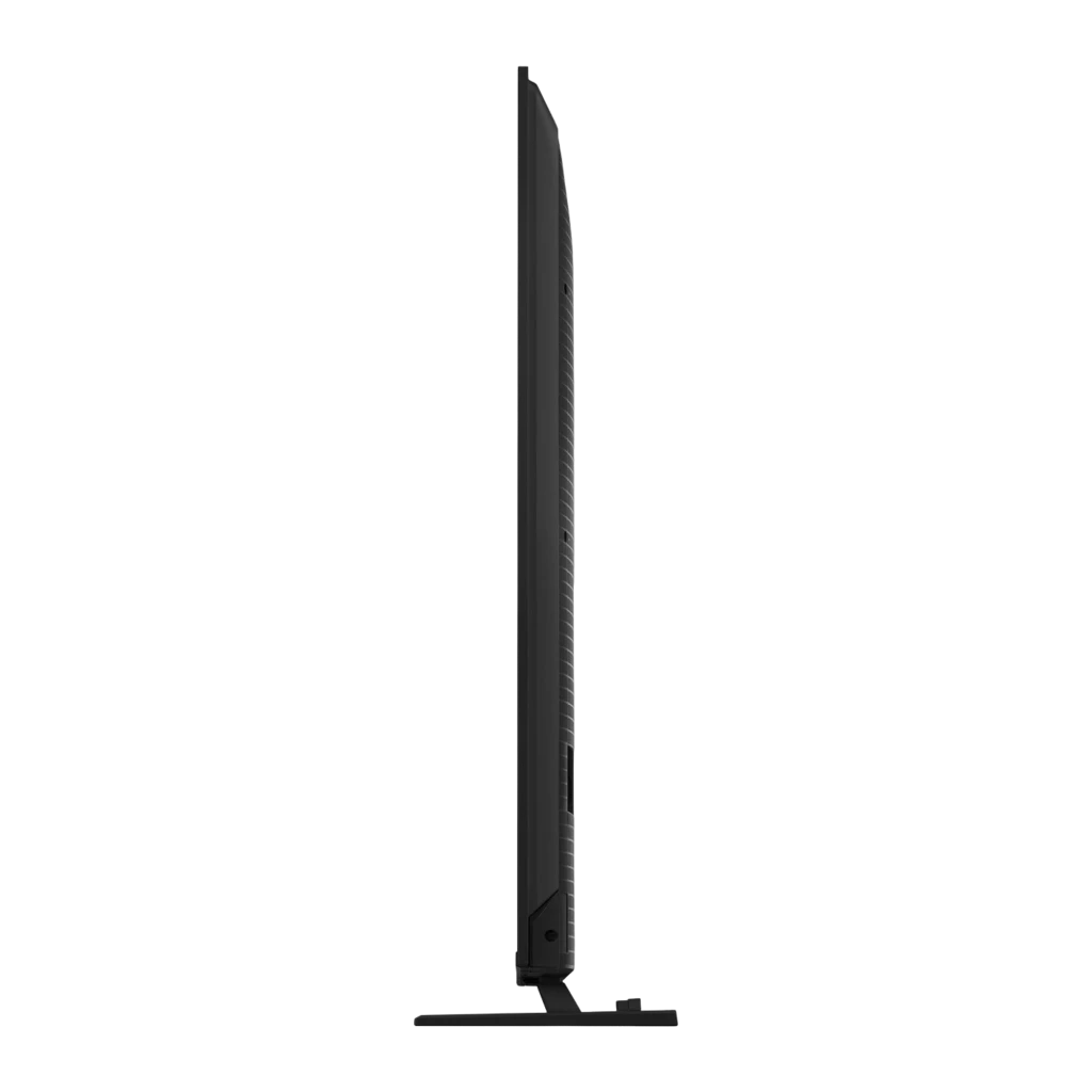 Perfil lateral del Televisor Hisense 65U7SE 65 pulgadas con diseño ultradelgado, marco negro minimalista y base estable; puertos traseros accesibles.