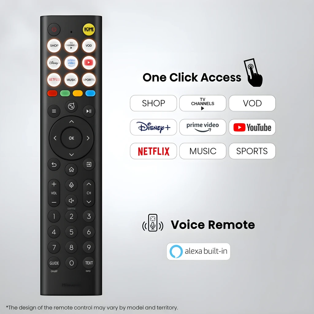 Control remoto del Televisor Hisense 65U7SE con accesos directos a apps, botones dedicados y micrófono Alexa integrado para control por voz