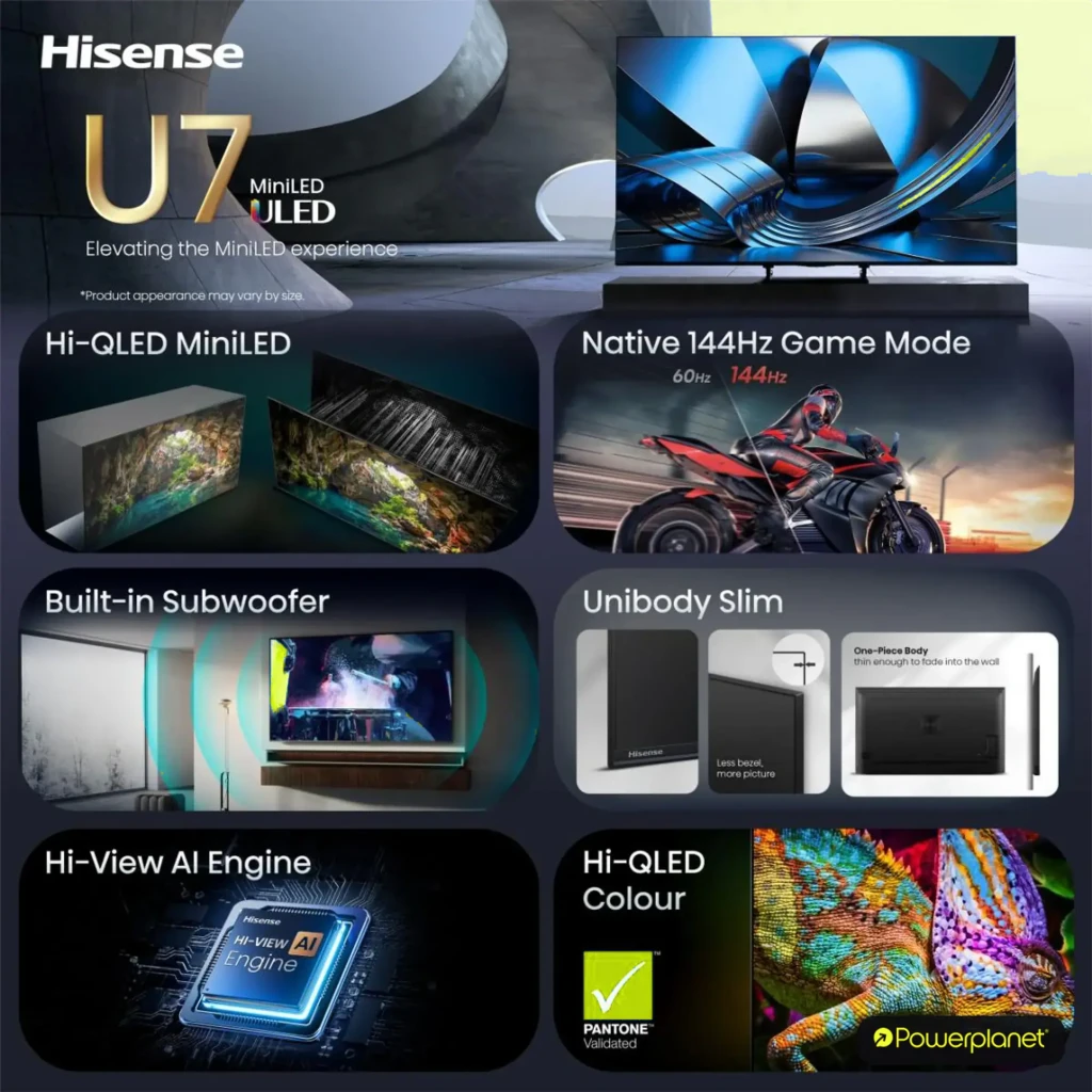 Televisor Hisense 65U7SE 65 pulgadas con pantalla Mini LED 4K, tasa de refresco 144Hz, diseño unibody delgado, colores Hi QLED y subwoofer integrado