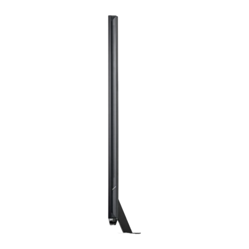 Perfil lateral del Televisor Hisense 85UR9S: diseño ultradelgado, bisel mínimo y soporte robusto en forma de T para pantalla de 85 pulgadas Mini LED 4K