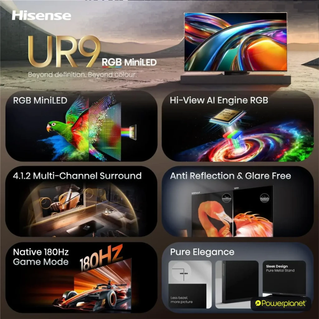 Televisor Hisense 85UR9S 85 pulgadas Mini LED RGB 4K con panel antirreflejos, 180Hz para juegos, sonido 4.1.2 envolvente y diseño metálico elegante VIDAA U9.5